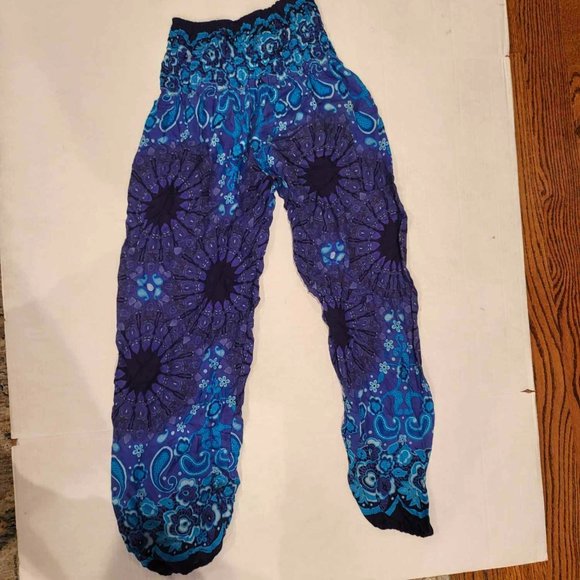 Blue/Turquoise Floral Patterned Harem Pants Boho Hippie Summer - Picture 1 of 3